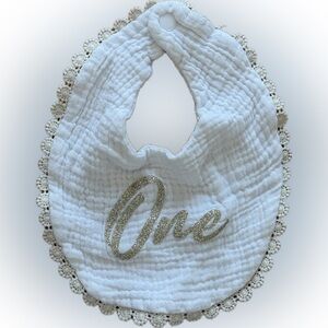 White Baby Bib with Gold Trim